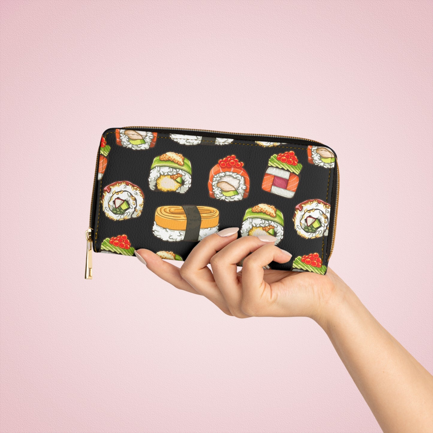 Sushi Wallet, Sushi Lover Gift, Vegan Faux Leather Wallet, Zip Around Clutch for Women, Patterned Sustainable Zip Wallet, Foodie Gift Girls