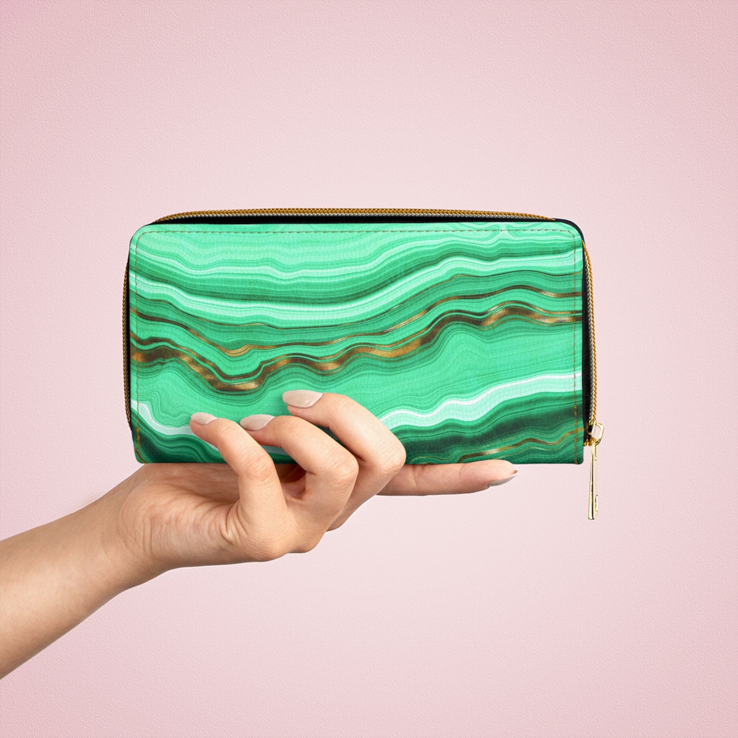 Geode Wallet, Green Crystal, Zippered Wallet Pattern, Zip Around Wallets for Women, Vegan Faux Leather Wallet, Boho Wallet,