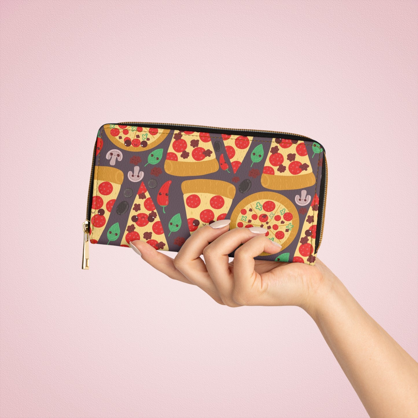Kawaii Wallet Pizza Zippered Wallet for Women Zip Around Wallet Kawaii Print Clutch Credit Card Wallet Vegan Wallet Faux Pizza Lover Gift