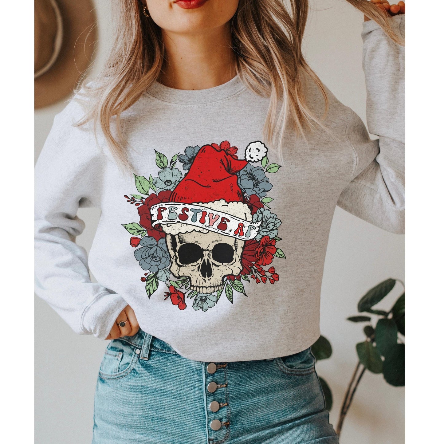 Festive AF Sweatshirt, Christmas Skull Sweatshirt, Goth Christmas, Boho Christmas Shirt, Funny Christmas, Funny Holiday, Floral Christmas