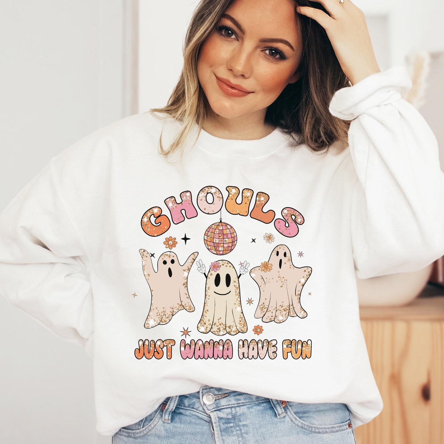 Retro Halloween Ghouls Just Wanna Have Fun Sweatshirt Cute Ghost Sweater Ghouls Night Out Womens Halloween Crewneck Sweatshirt Spooky Season
