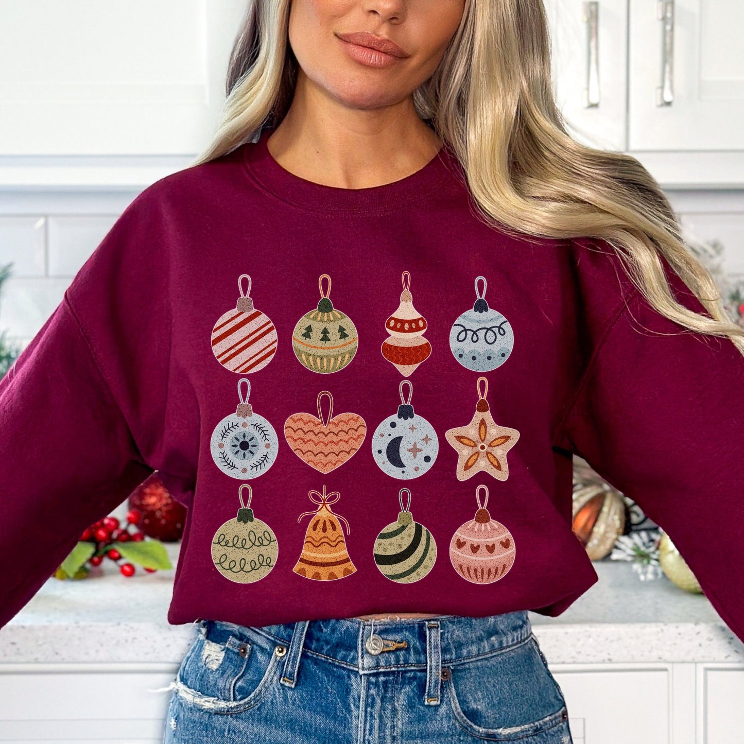 Cute Xmas Crewneck Ornament Sweatshirt Vintage Christmas Sweatshirt Womens Xmas Sweatshirt Trendy Christmas Sweater Christmas Family Shirt