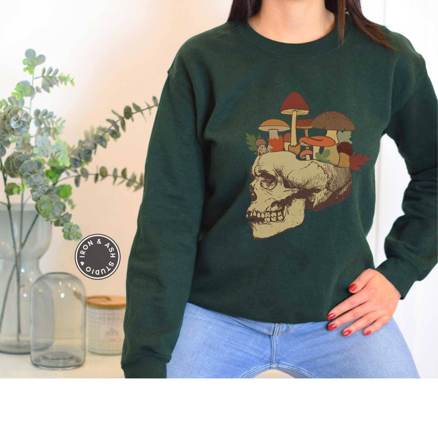 Mushroom Sweatshirt, Dark Academia Skull Shirt, Skull Sweatshirt Womens, Indie Clothing, Trendy Crewneck, Cottagecore Sweater, Cottagecore