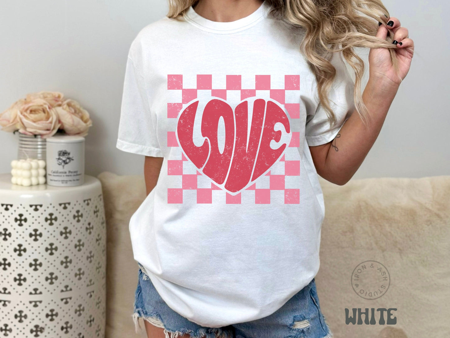 Retro Love Heart Shirt Comfort Color Checkered Valentine Tee Womens Retro Graphic TShirts Cute Valentines Day Gift Boho Valentines Heart Tee
