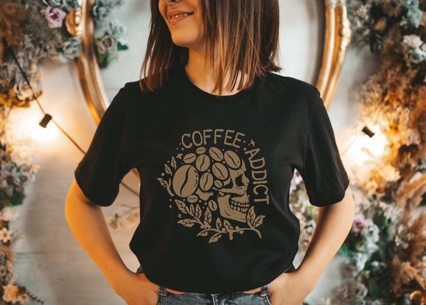 Coffee Addict Shirt, Skull Coffee Shirt, Dark Aesthetic, Boho Coffee, Women's Coffee Shirt, Coffee Lover gift, But First Coffee, Teacher Tee