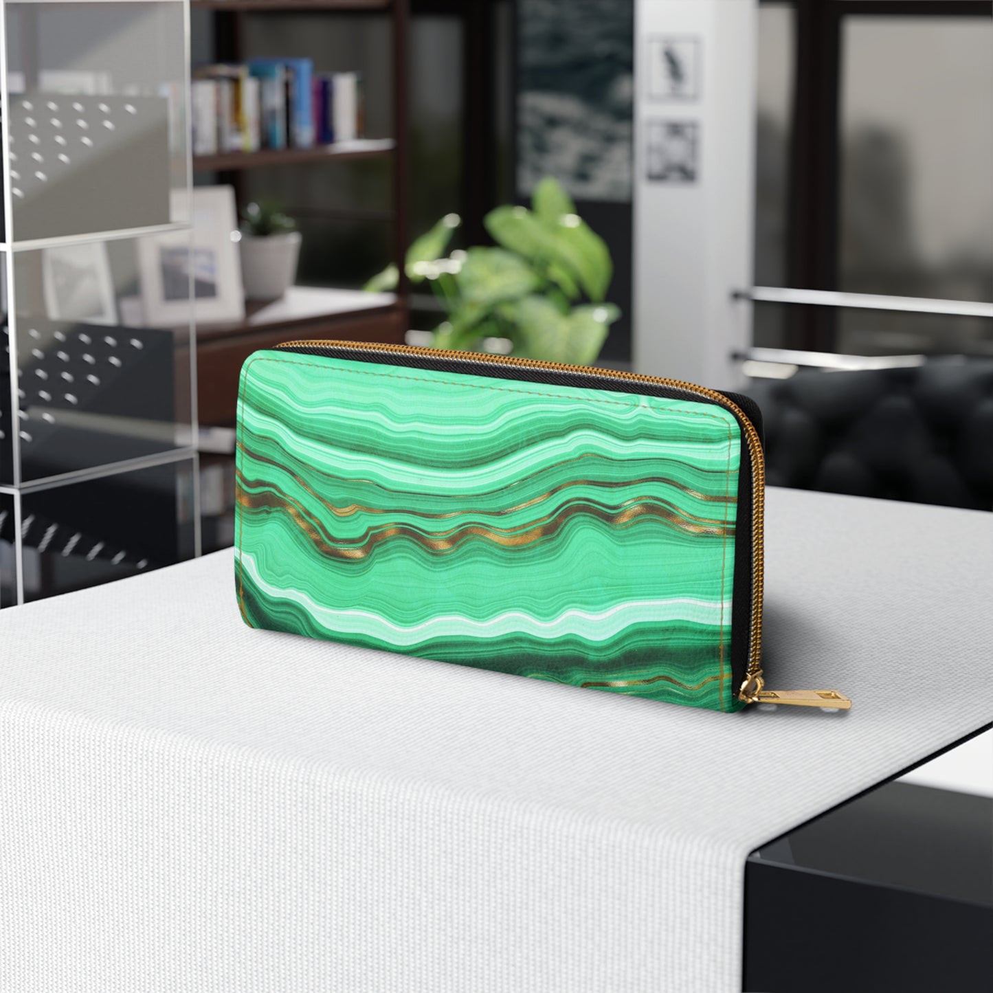 Geode Wallet, Green Crystal, Zippered Wallet Pattern, Zip Around Wallets for Women, Vegan Faux Leather Wallet, Boho Wallet,