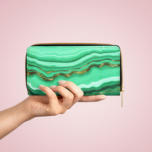 Geode Wallet, Green Crystal, Zippered Wallet Pattern, Zip Around Wallets for Women, Vegan Faux Leather Wallet, Boho Wallet,