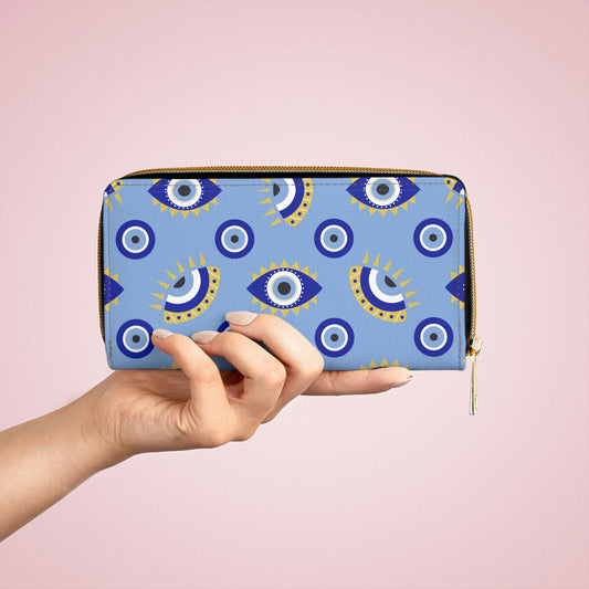 Evil Eye Zippered Wallet, Credit Card Cash Wallet for Women, Greek Evil Eye Gift, Mystical Zippered Wallet, Blue Evil Eye, Vegan Wallet Faux