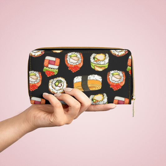 Sushi Wallet, Sushi Lover Gift, Vegan Faux Leather Wallet, Zip Around Clutch for Women, Patterned Sustainable Zip Wallet, Foodie Gift Girls