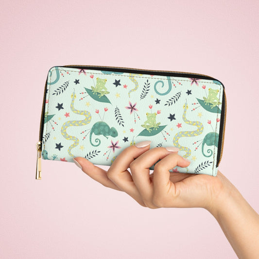 Cottagecore Frog Wallet, Reptile Zippered Wallet for Women, Reptile Lover Gift, Vegan Faux Leather Clutch, Zip Around Patterned Pocketbook