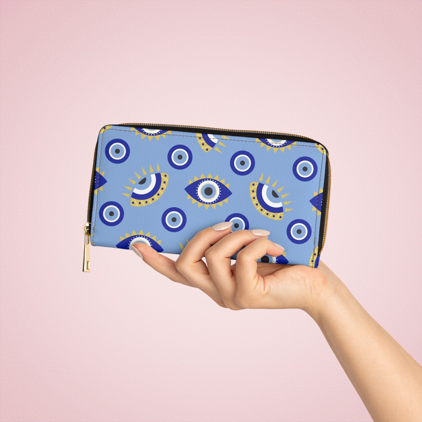 Evil Eye Zippered Wallet, Credit Card Cash Wallet for Women, Greek Evil Eye Gift, Mystical Zippered Wallet, Blue Evil Eye, Vegan Wallet Faux