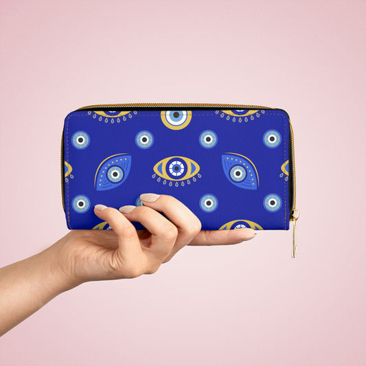 Evil Eye Wallet Zippered, Wallet for Women, Greek Evil Eye Gift, Mystical Zippered Credit Card Wallet, Blue Evil Eye, Vegan Wallet, Turkish