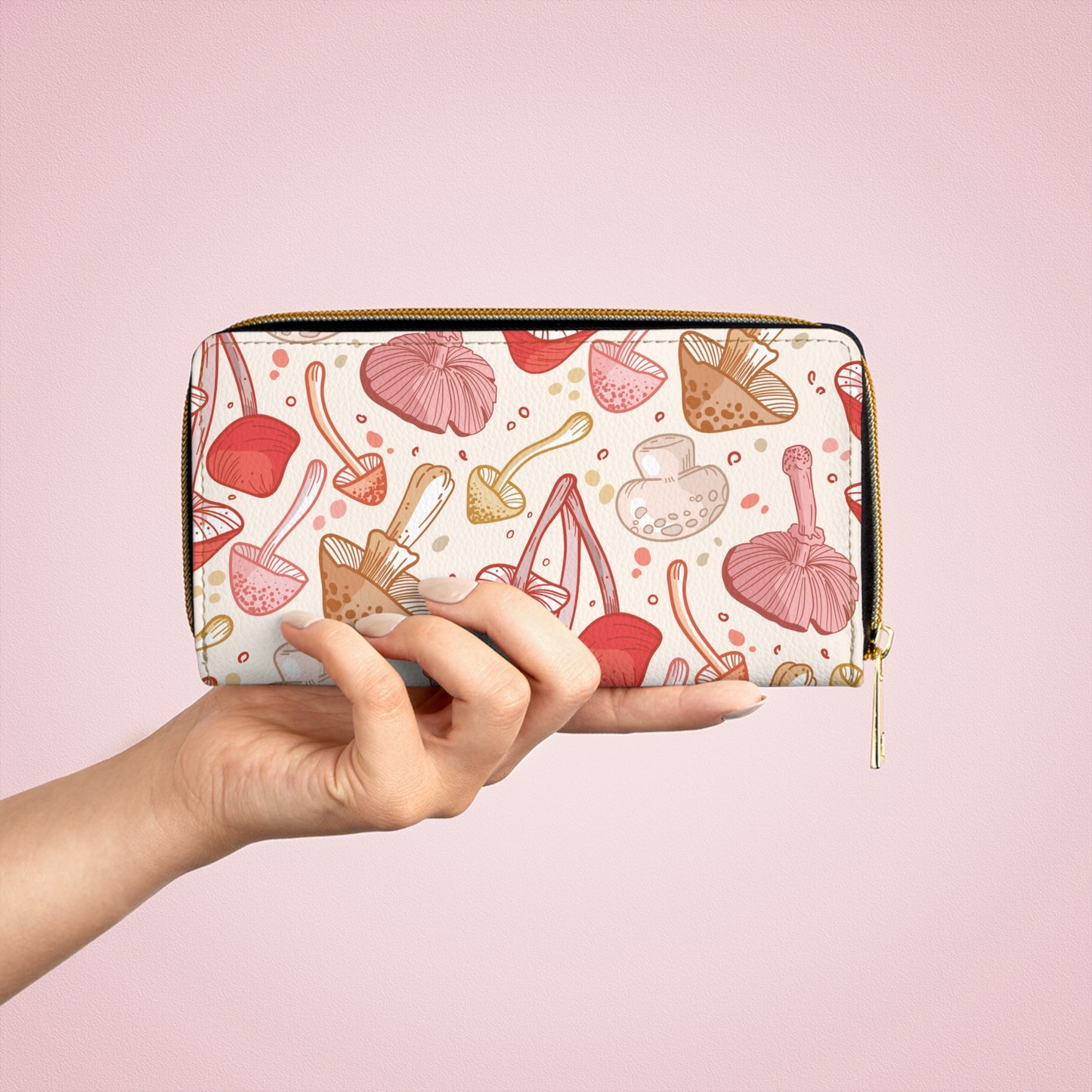 Mushroom Wallet, Cottagecore Gifts For Her, Zip Around Wallets for Women, Vegan Wallet, Faux Leather Patterned Fungi Clutch, Cute Printed