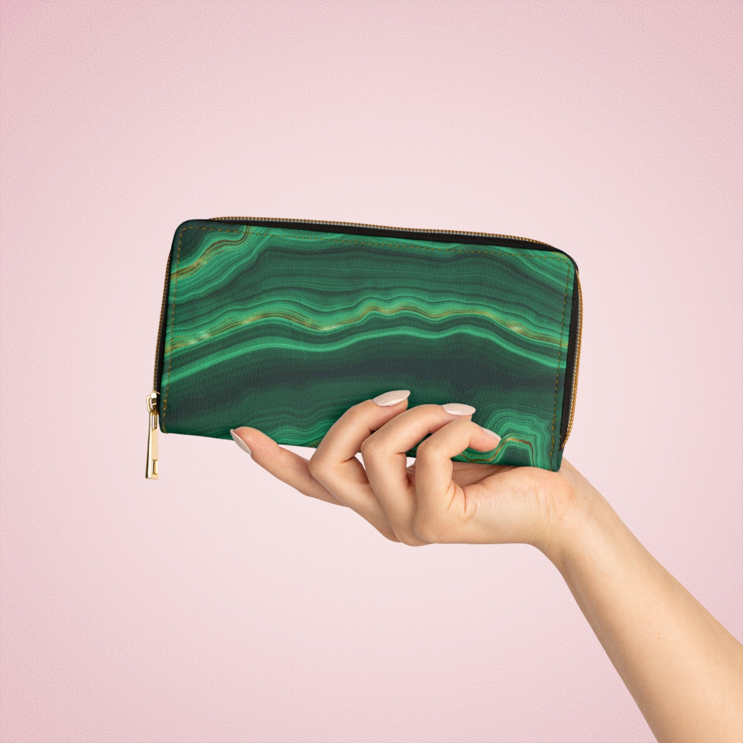 Geode Wallet, Green Crystal, Zippered Wallet Pattern, Zip Around Wallets for Women, Vegan Faux Leather Wallet, Boho Wallet,