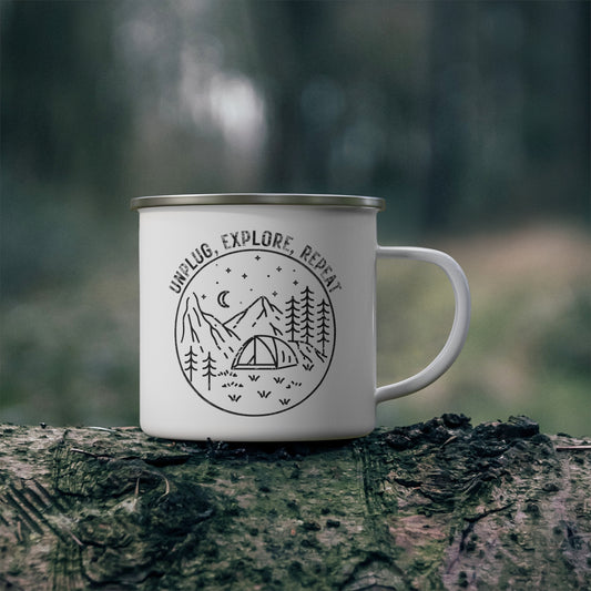 Explore mug, Camping Mug, Camping cup, RV cup, Enamel Camping Mug, enamel mug, Vacation cup, camping mugs, outdoor mugs, rugged mugs, 12 oz