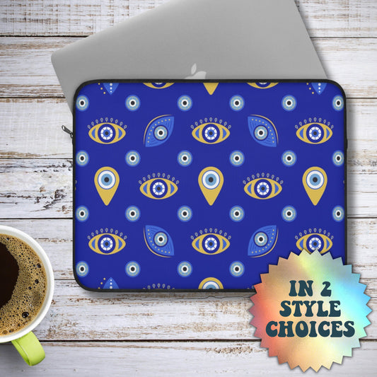 Evil Eye Laptop Sleeve, Greek Evil Eye Gift, Mystical Zippered Laptop Case, Blue Evil Eye Pouch, Macbook Sleeve 12 13 15 Dell Soft Sleeve