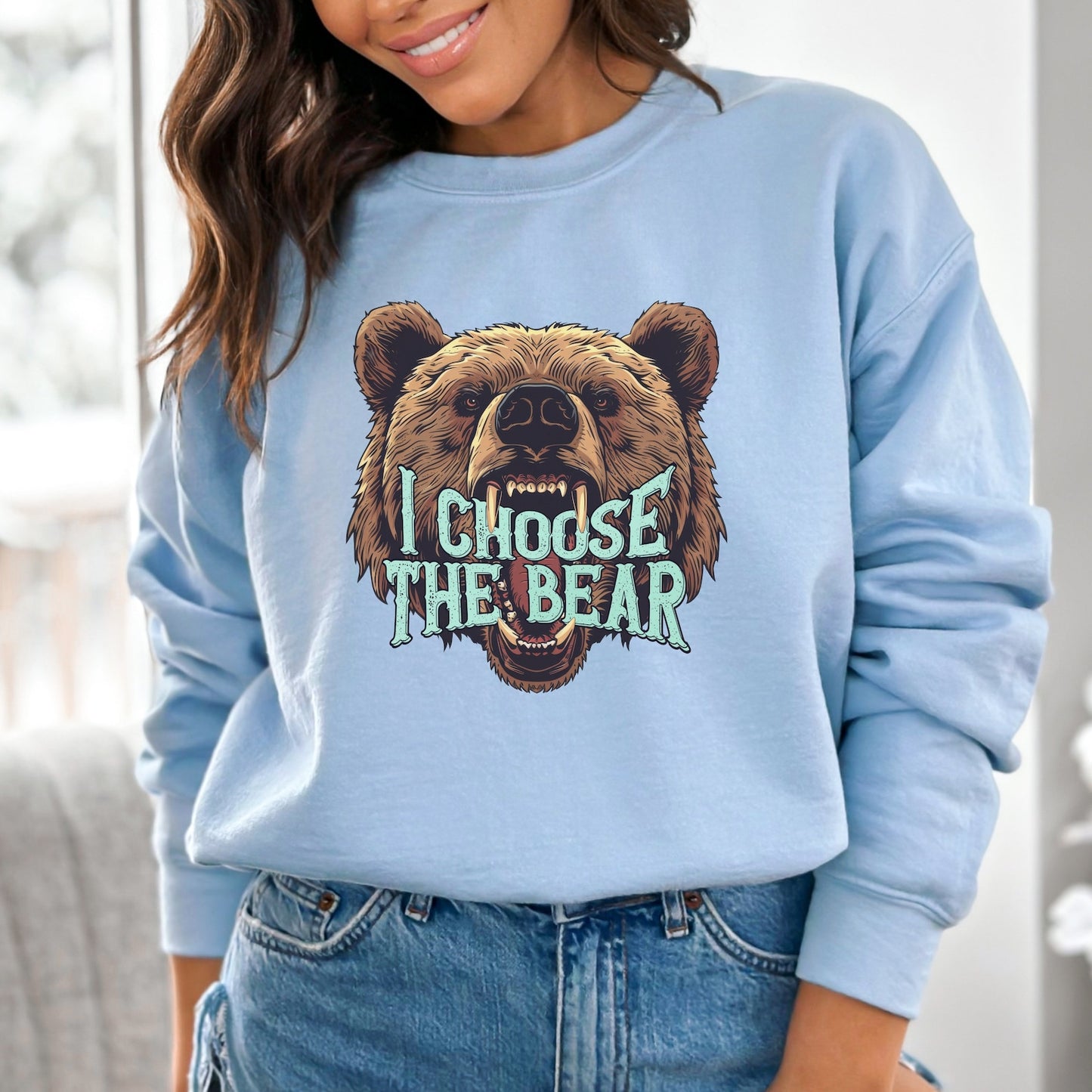I Choose The Bear Sweatshirt Team Bear Vs Man Womens Rights Shirt Man or Bear TikTok 4B Movement Funny Feminist Smash the Patriarchy Light Blue
