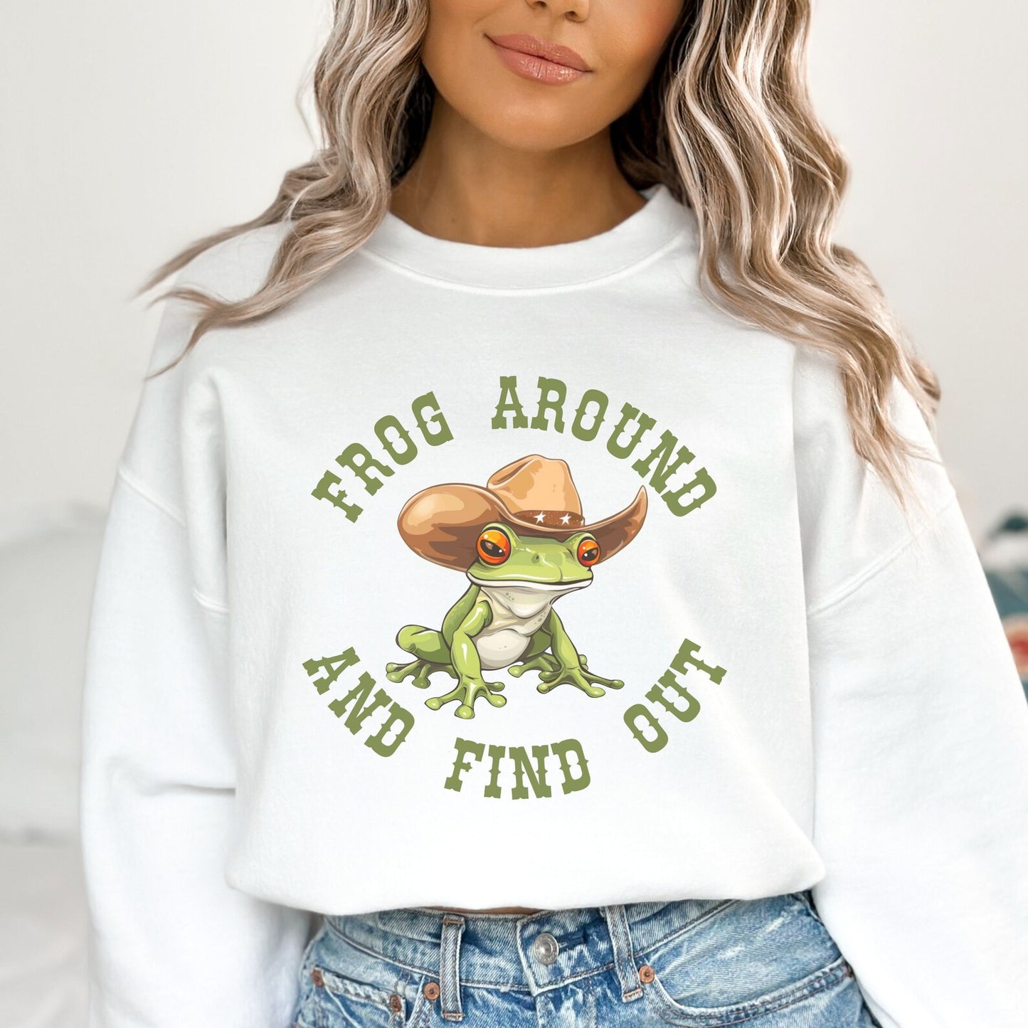Cowboy Frog Around and Find Out Sweater Weirdcore Sweatshirt Funny Shirt Weird Sweater Frog Sweat You Just Yee'd Your Last Haw Cool Graphic Sweatshirt white