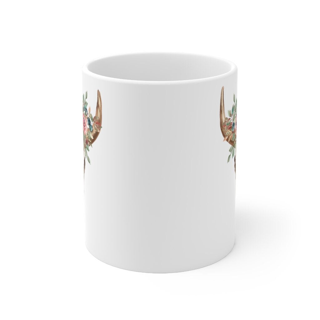 Boho Cow Skull Floral Coffee Mug Skull Mug Nashville Coffee Cup Western Boho Taurus mug Bull Skull Coffee Mug Cowgirl Southern Farm Life Cup