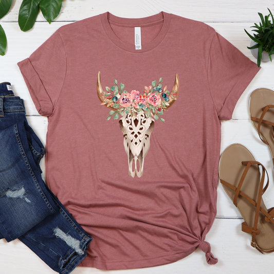 Floral Cow Skull Shirt Western Graphic Tee Cow Skull Tee Boho Floral Bull Skull TShirt Cowgirl shirt Cute Country Shirts Farm Girl Shirt Tee