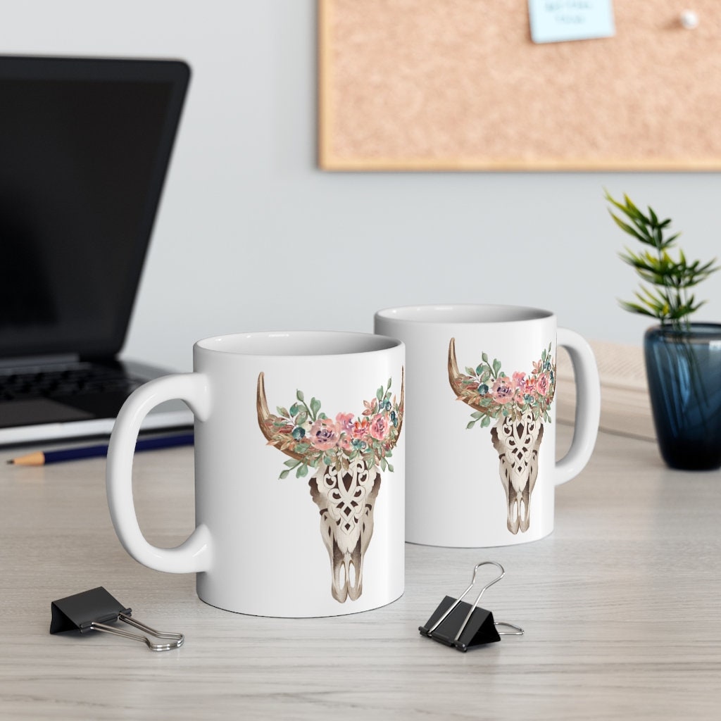 Boho Cow Skull Floral Coffee Mug Skull Mug Nashville Coffee Cup Western Boho Taurus mug Bull Skull Coffee Mug Cowgirl Southern Farm Life Cup
