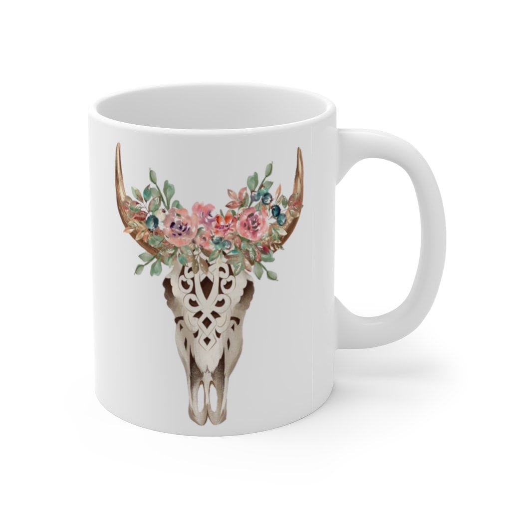 Boho Cow Skull Floral Coffee Mug Skull Mug Nashville Coffee Cup Western Boho Taurus mug Bull Skull Coffee Mug Cowgirl Southern Farm Life Cup