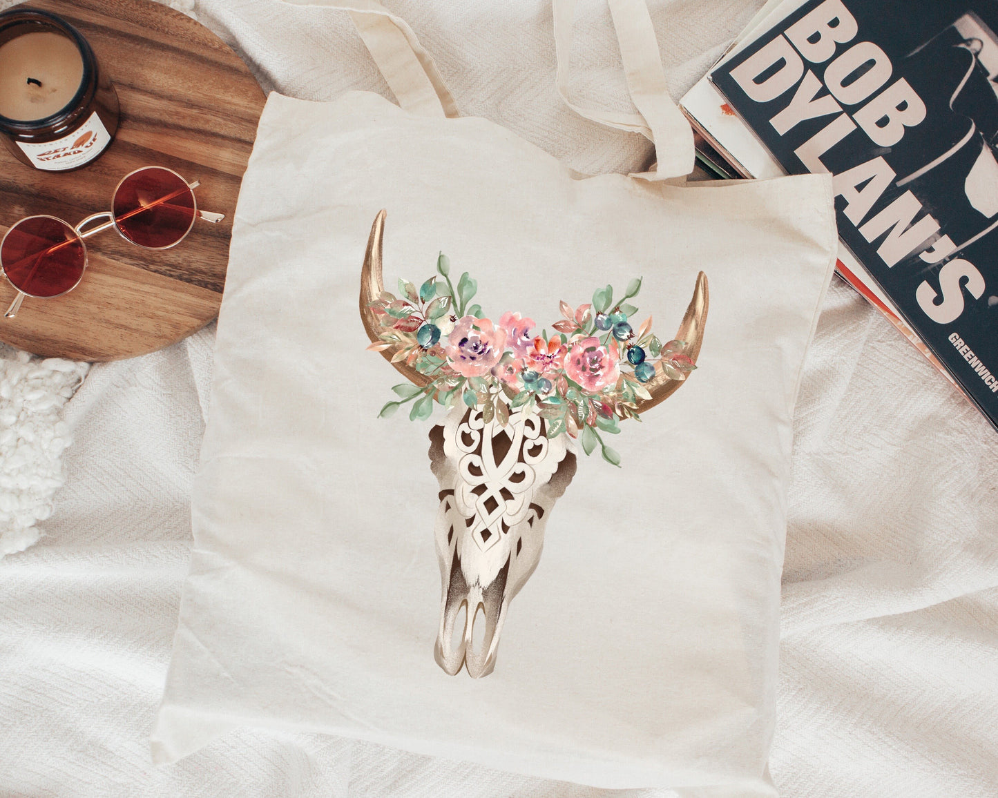 Cow Skull Canvas Tote Bag Boho Skull Shoulder Bag Reusable Cotton Totes Western Cowgirl Shopping Bag Canvas  Eco Friendly Reusable Carry All