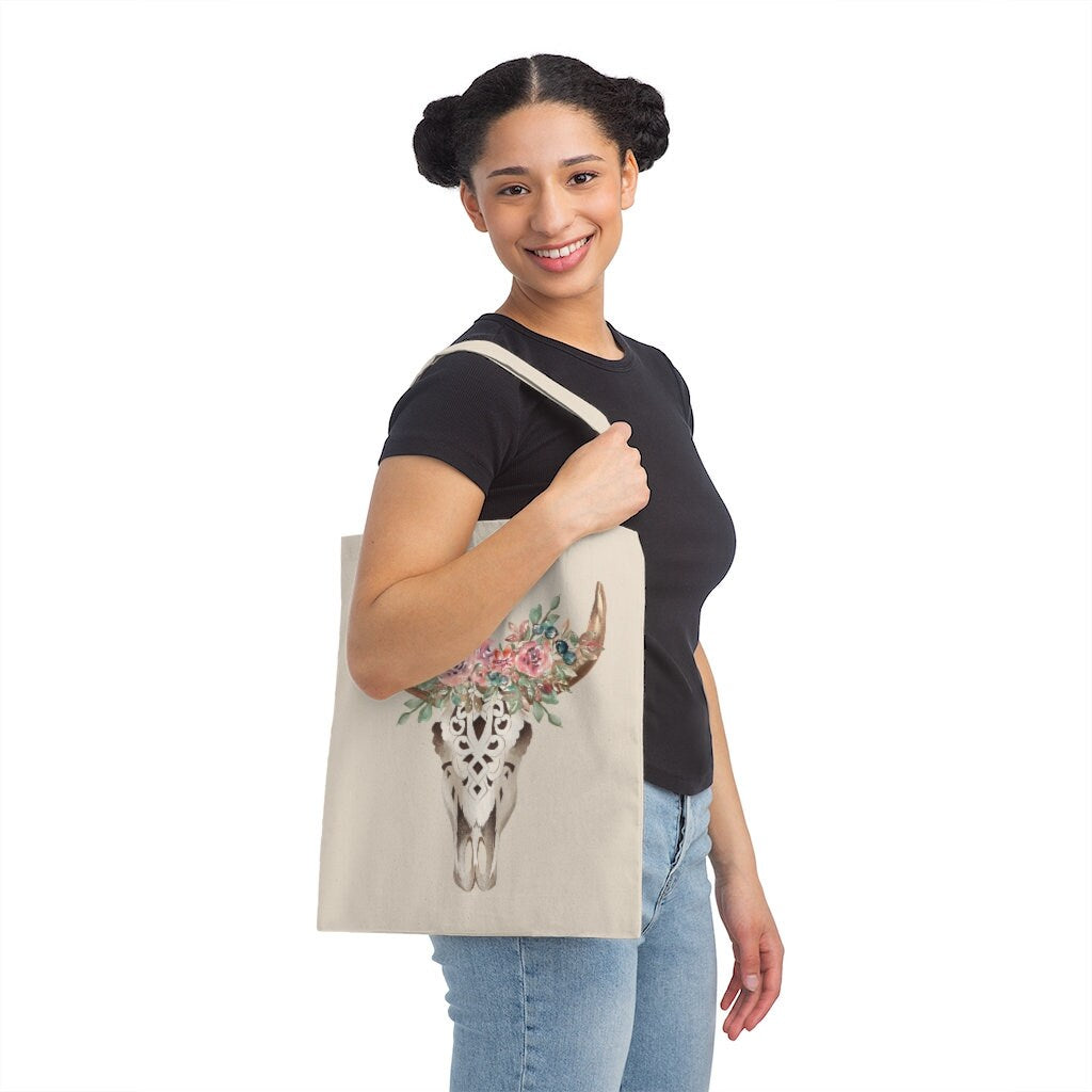 Cow Skull Canvas Tote Bag Boho Skull Shoulder Bag Reusable Cotton Totes Western Cowgirl Shopping Bag Canvas  Eco Friendly Reusable Carry All