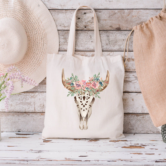 Cow Skull Canvas Tote Bag Boho Skull Shoulder Bag Reusable Cotton Totes Western Cowgirl Shopping Bag Canvas  Eco Friendly Reusable Carry All