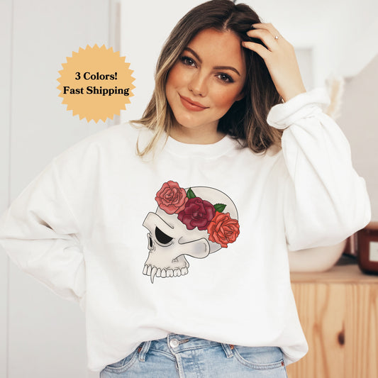 Bloom Skull Sweater, Halloween Sweatshirt, Floral Vampire Skull, Womens Fall Shirt, Flower Skull Skeleton Pullover, Skeleton Blooms, Vampire Shirt