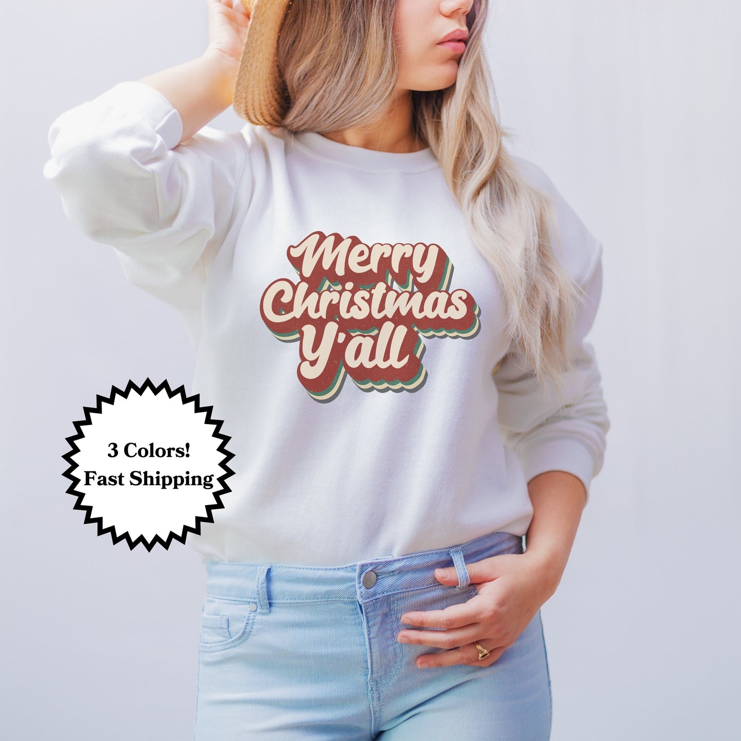 Merry Christmas Y'all Sweatshirt Retro, Southern Christmas Shirt, Christmas Lounging Sweater, Christmas Retro Holiday Sweatshirt for Women