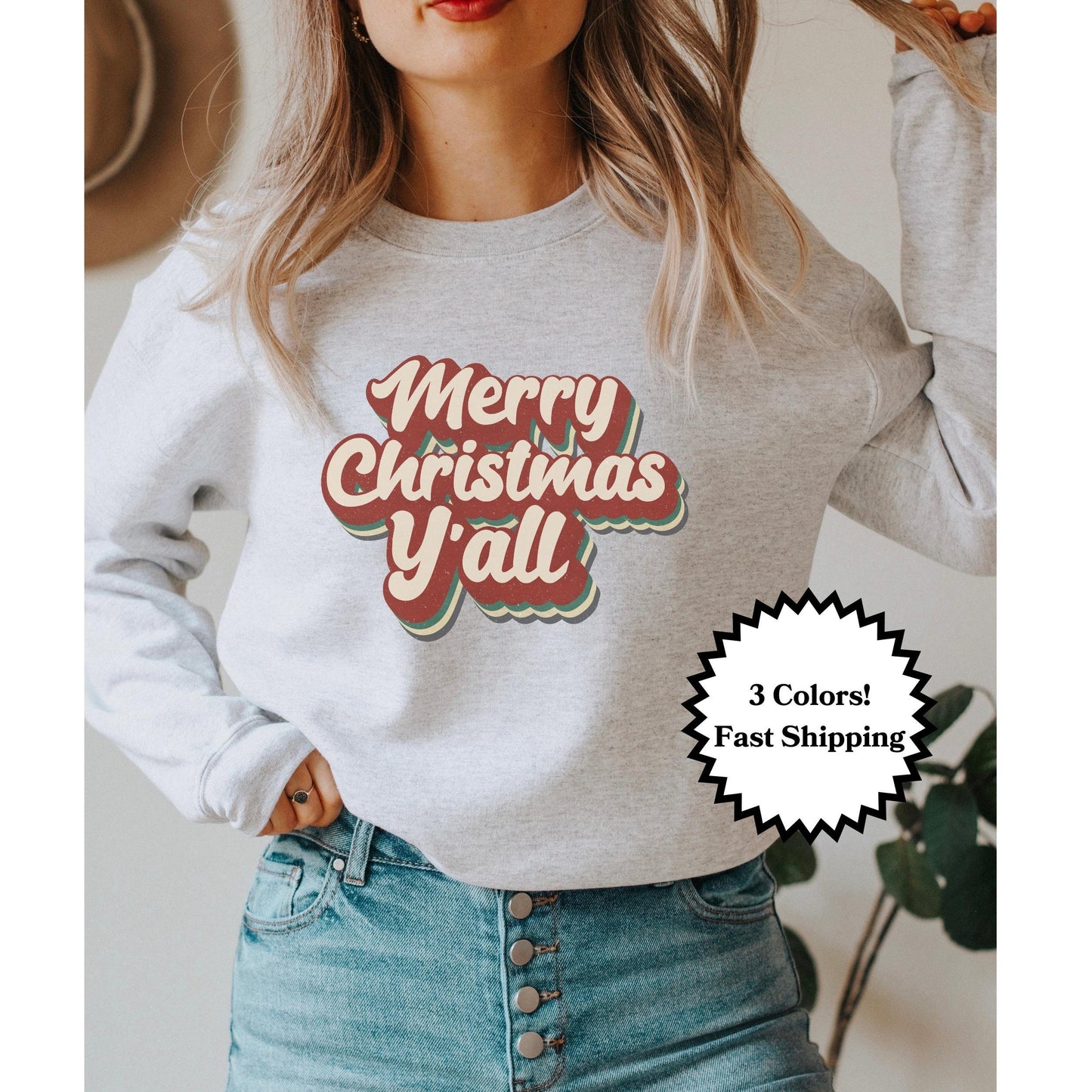 Merry Christmas Y'all Sweatshirt Retro, Southern Christmas Shirt, Christmas Lounging Sweater, Christmas Retro Holiday Sweatshirt for Women