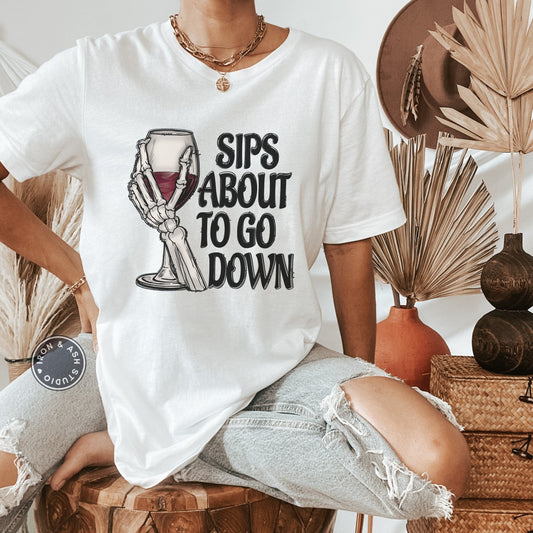 Sips About To Go Down Funny Skeleton Drinking Shirt, Witch Way To the Wine, Skeleton Drinking Shirt, Funny Wine Halloween Shirt, Wine Tee