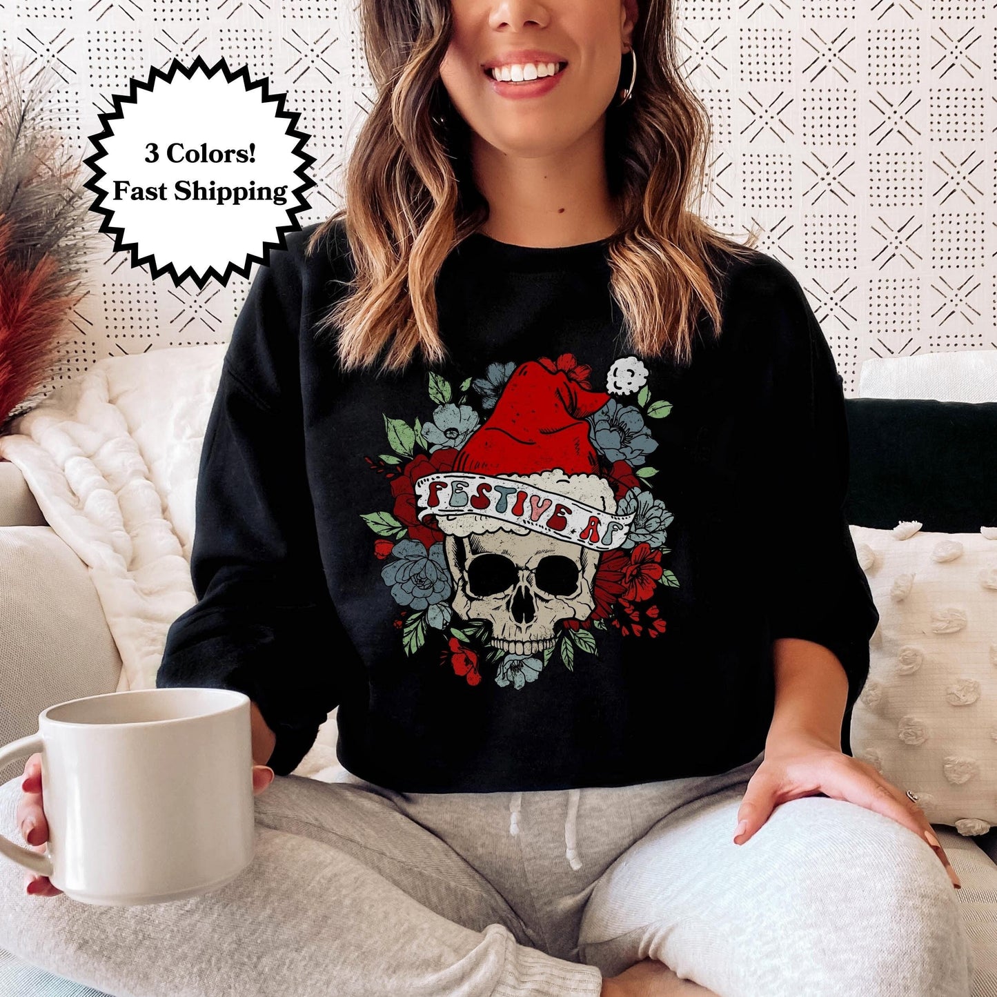 Festive AF Sweatshirt, Christmas Skull Sweatshirt, Goth Christmas, Boho Christmas Shirt, Funny Christmas, Funny Holiday, Floral Christmas