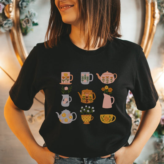 Tea Kettle Cup Shirt, Botanical Tee, Cottagecore Boho Tea Lover Gift, Aesthetic Tshirt, Tea Pots, Retro Style Tea Kettles, 70s style Shirts
