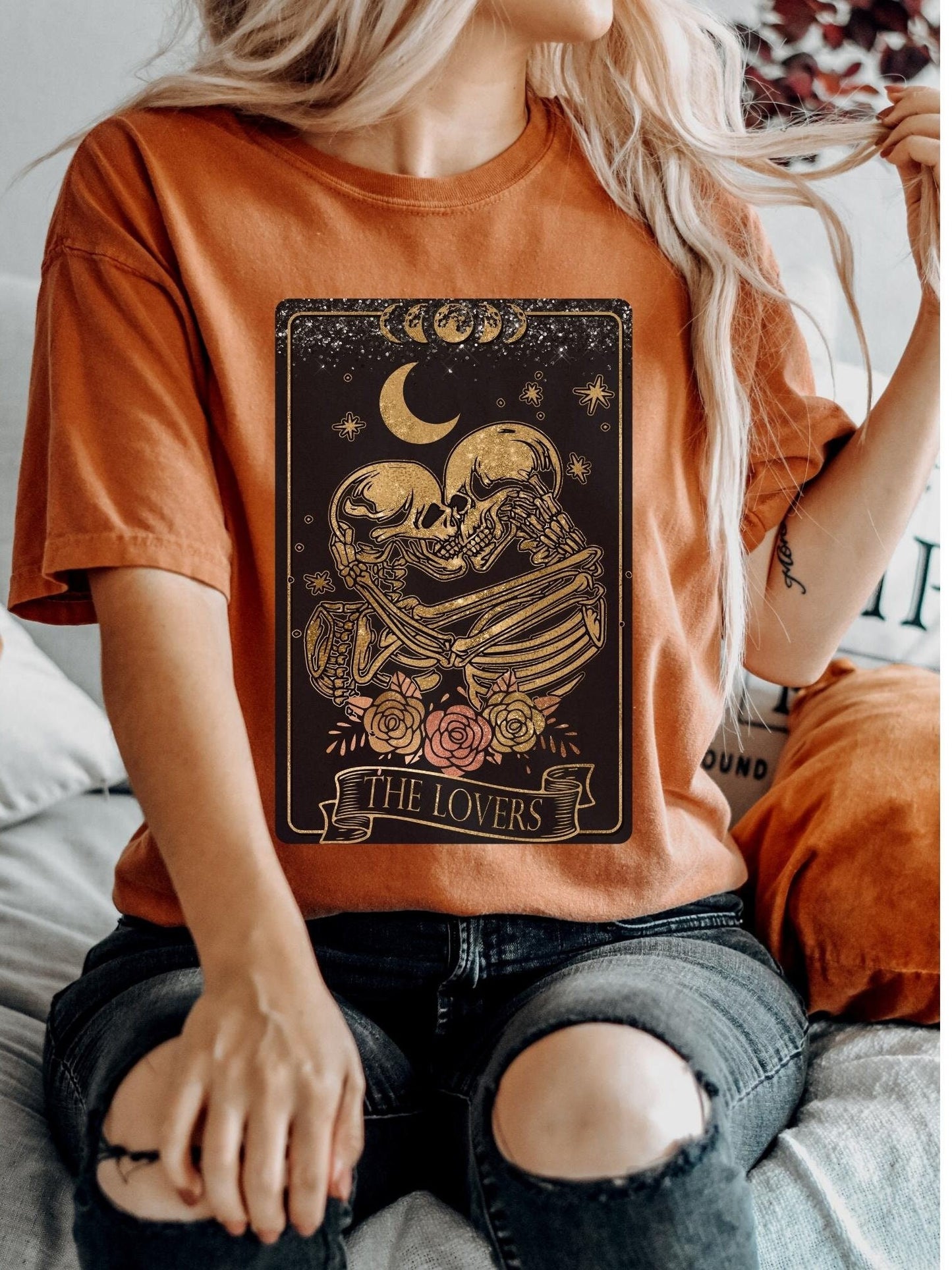 Tarot Lovers The Lovers Shirt, Comfort Colors Halloween Shirt, Skeleton Lovers Tee, Celestial Shirt, Spiritual Shirt, Tarot Halloween Tee