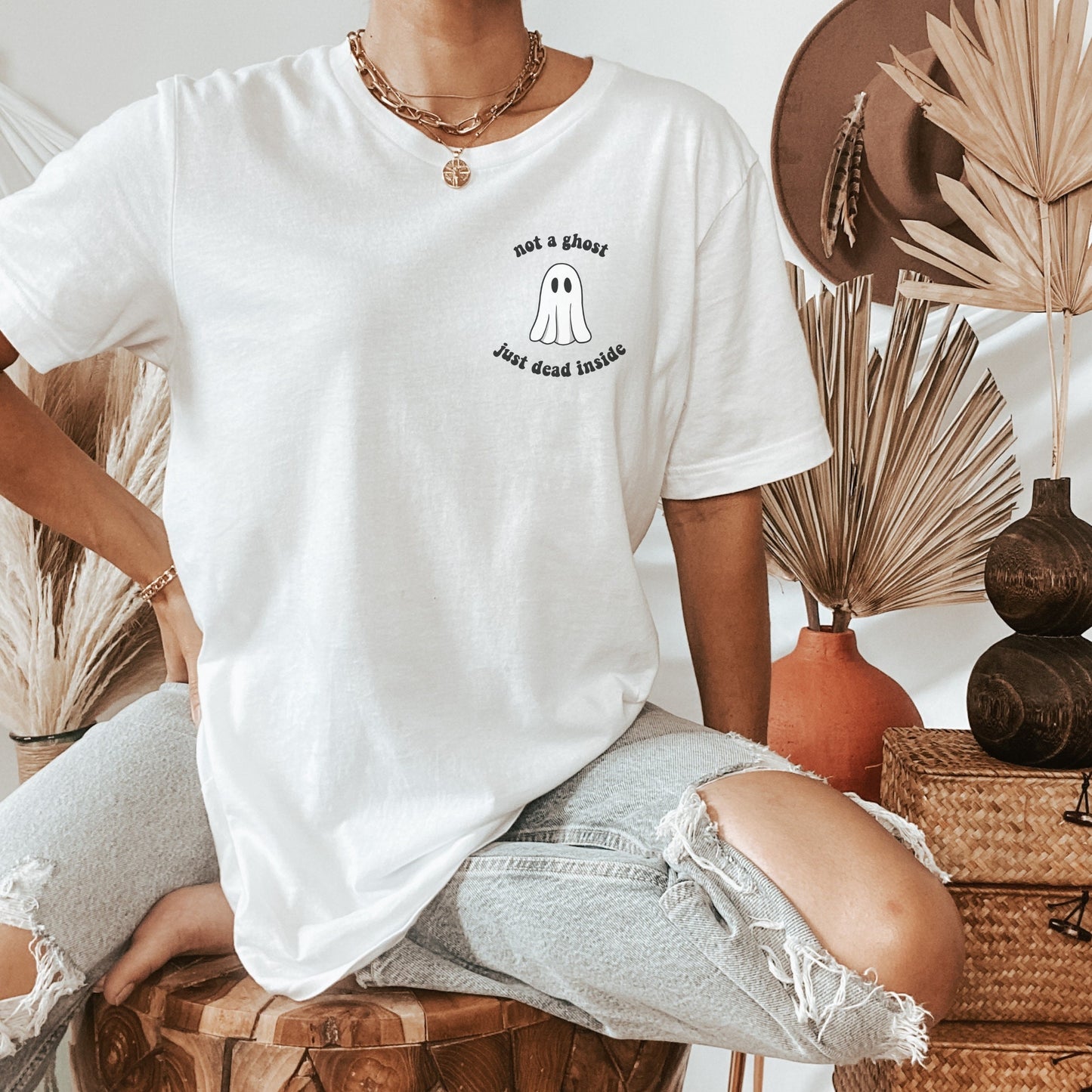 Halloween Pocket TShirt, Ghost Shirt, Not A Ghost Just Dead Inside, Funny Halloween Tee, Minimalistic Halloween, Funny Ghost Tee, Spooky Tee