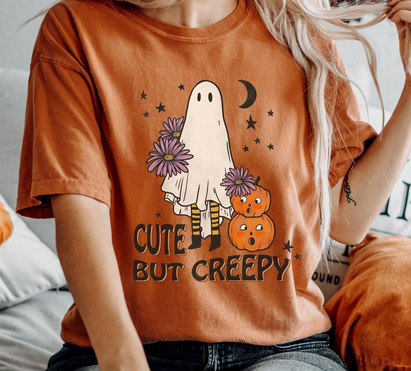 Cute but Creepy Shirt Spooky Season Crewneck Tee Creepy Halloween Outfit Party TShirt Cute Ghost Spooky Season T Shirt Halloween Ghost