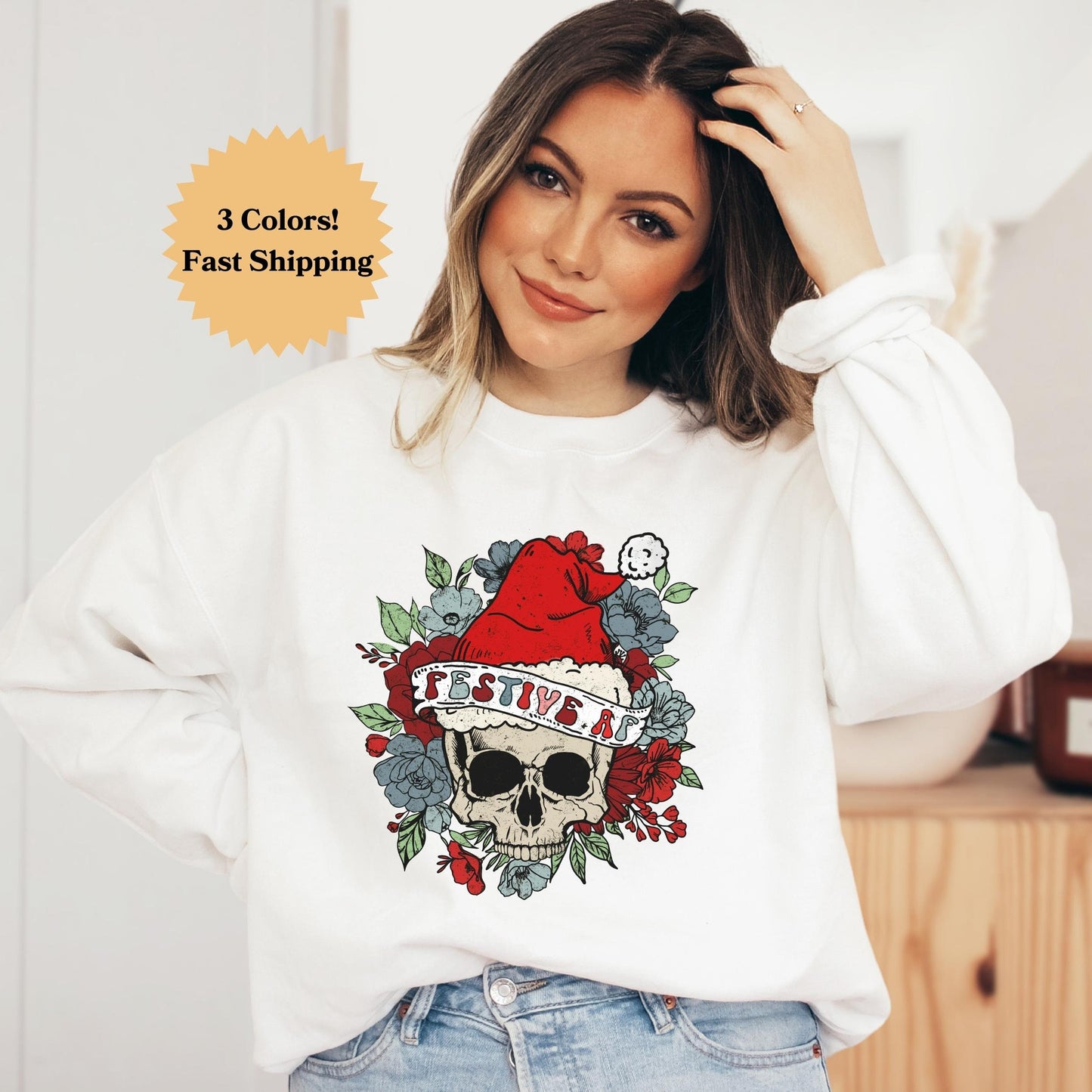 Festive AF Sweatshirt, Christmas Skull Sweatshirt, Goth Christmas, Boho Christmas Shirt, Funny Christmas, Funny Holiday, Floral Christmas