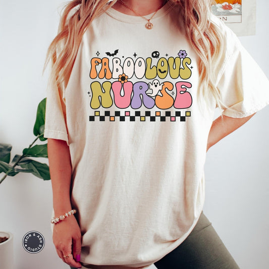 Faboolous Nurse Comfort Color Nurse Halloween Shirt RN Halloween T Shirt Cute Ghost Nursing T-Shirt PEDS Halloween NICU Spooky Tee