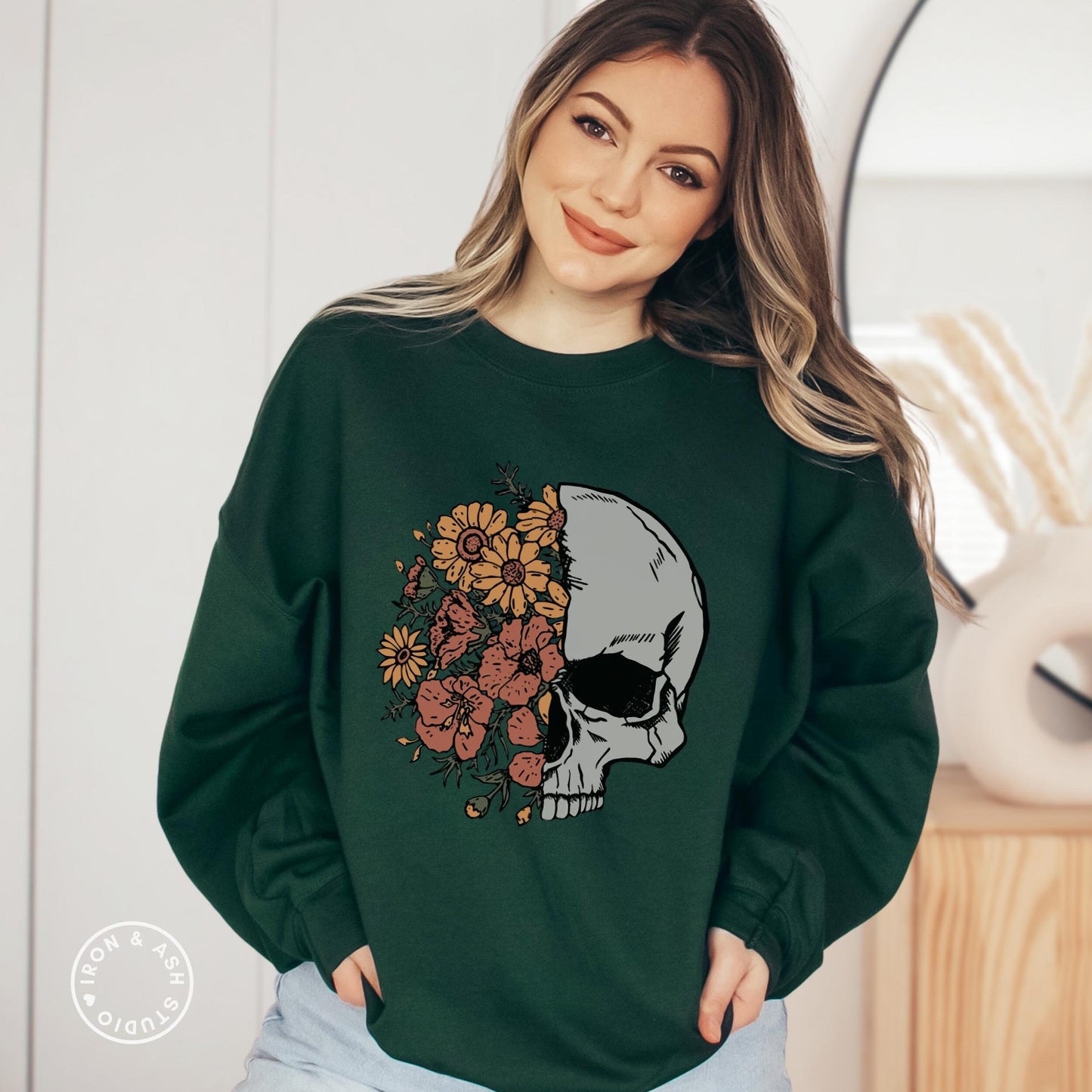 Floral Skull Sweatshirt, Skeleton Sweatshirt, Dark Academia Sweater, Indie Sweatshirt, Skull and Flowers, Cute Fall Crewneck Shirt Skull Tee