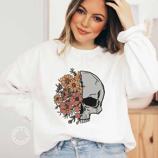 Floral Skull Sweatshirt, Skeleton Sweatshirt, Dark Academia Sweater, Indie Sweatshirt, Skull and Flowers, Cute Fall Crewneck Shirt Skull Tee