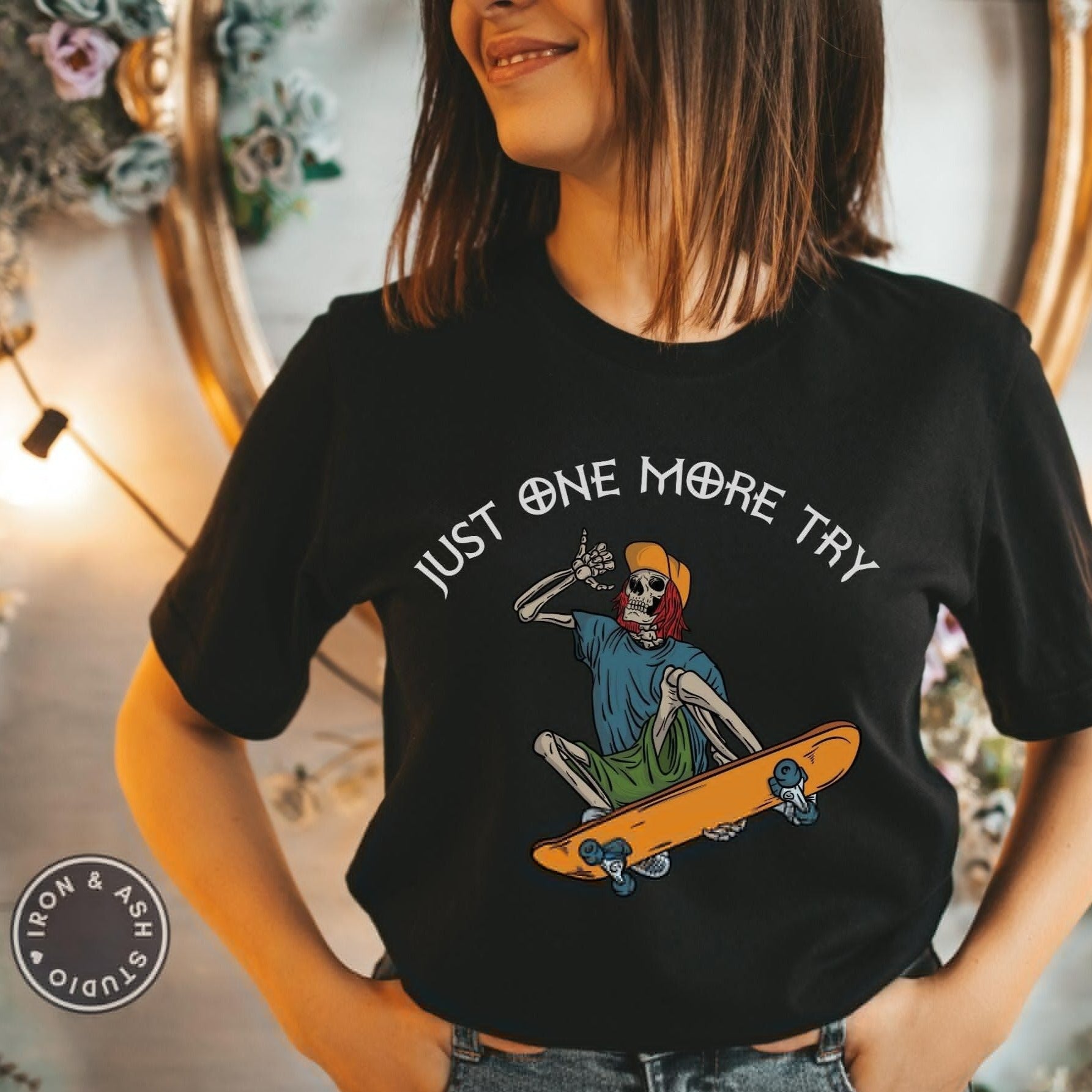 Skateboarder Skeleton Shirt - Skater T-Shirts for Women - Skateboarding Gift - Black TShirt