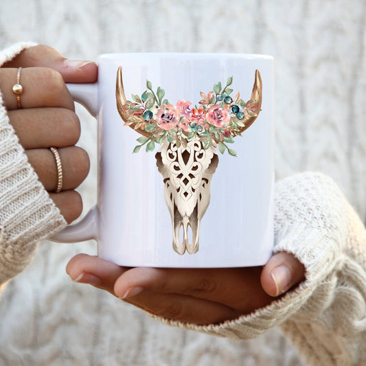 Boho Cow Skull Floral Coffee Mug Skull Mug Nashville Coffee Cup Western Boho Taurus mug Bull Skull Coffee Mug Cowgirl Southern Farm Life Cup