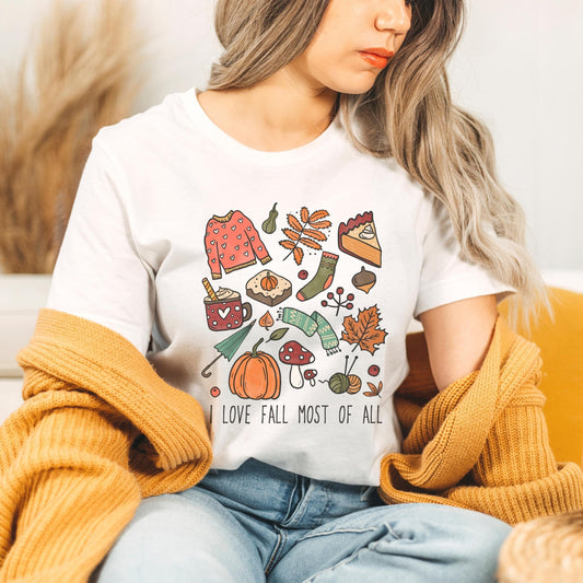 I Love Fall Most Of All Shirt, Fall Doodle Shirt, Fall Crewneck, Fall Shirts for Women, Happy Fall Y'all, Hello Fall T-Shirt, Hello Autumn