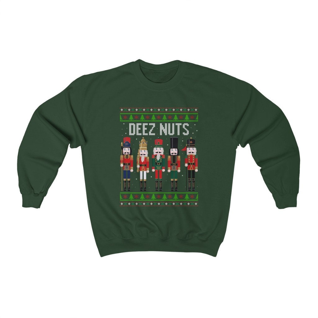 Deez Nuts Nutcracker Ugly Christmas Sweatshirt, Funny Christmas Sweater Holiday Party Apparel Nutcracker Crewneck for Men Funny Holiday