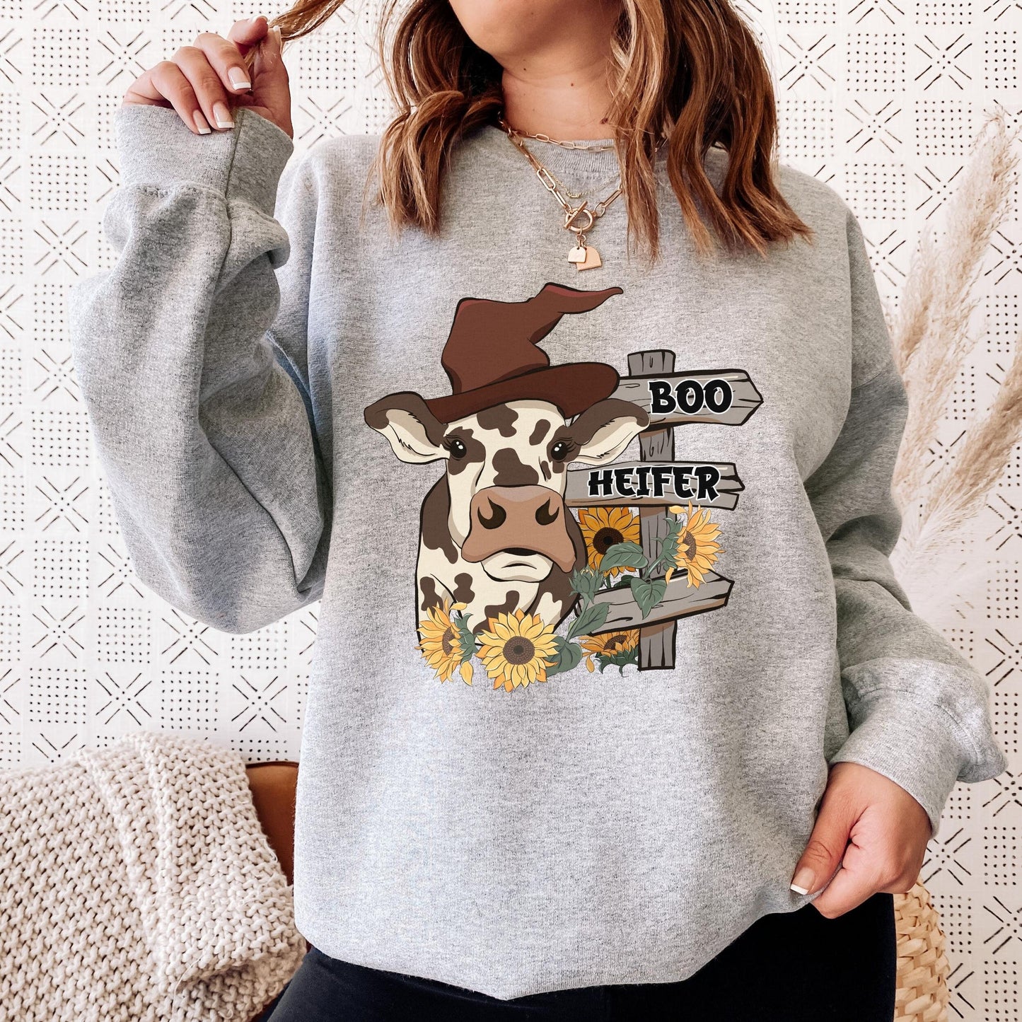 Boo Heifer Halloween Cow Sweatshirt, Cow Halloween Shirt,  Funny Halloween Sweatshirt, Cow Lover Gift, Halloween Crewneck Sweatshirt Women