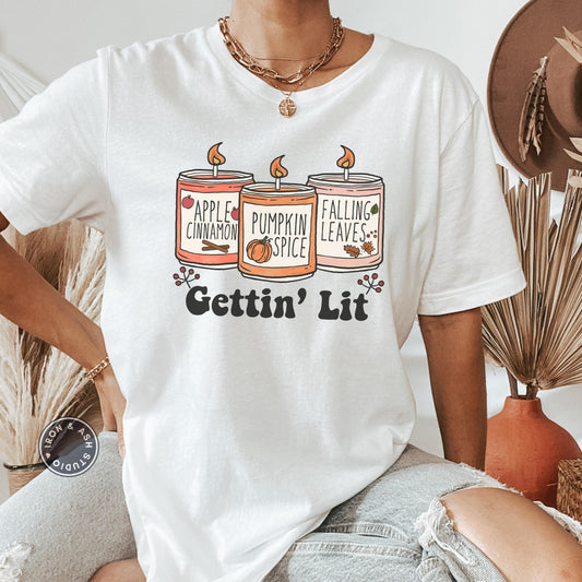 Retro Gettin' Lit Shirt, Fall Bachelorette T-Shirts, Funny Fall TShirt, Candle Maker Shirt,Cute Fall Shirts for Women,Funny Thanksgiving Tee