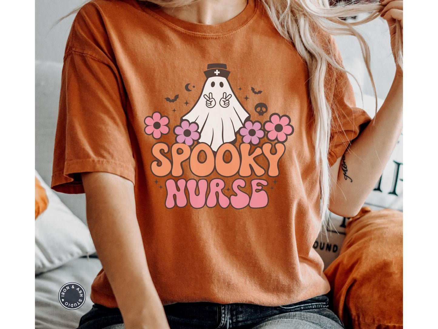 Spooky Nurse Comfort Colors Halloween Shirt, Groovy Nurse Shirt, Retro Fall Nurse TShirt, RN Halloween Tee, Cute Ghost, Cute Fall Shirts