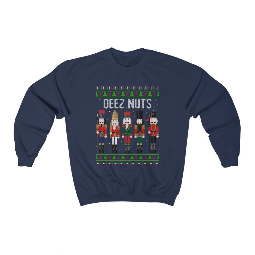 Deez Nuts Nutcracker Ugly Christmas Sweatshirt, Funny Christmas Sweater Holiday Party Apparel Nutcracker Crewneck for Men Funny Holiday
